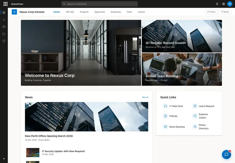 Nexus intranet home page with company news, a featured story and quick links