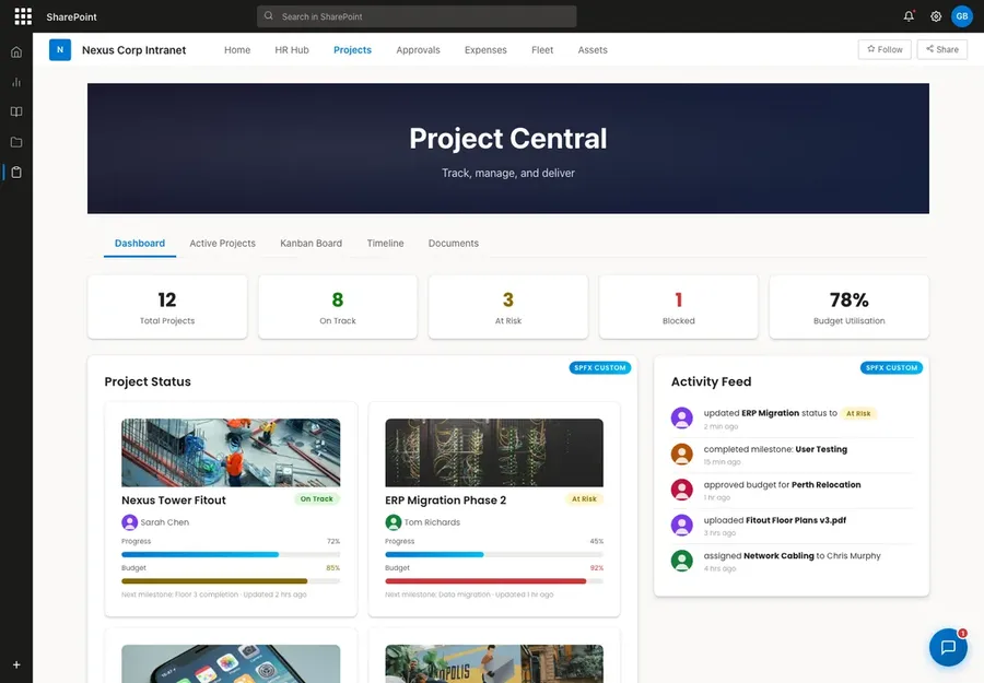 Project Central dashboard with project counts, status cards and an activity feed
