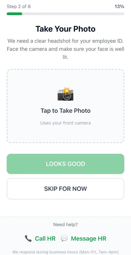 Phone screen for taking the starter's ID photo, step 2 of 8